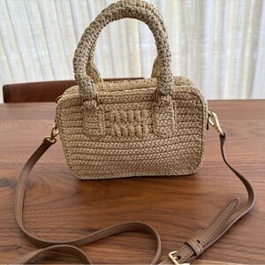 Miu Miu Arcadie Crochet & Leather Top Handle Bag – Natural